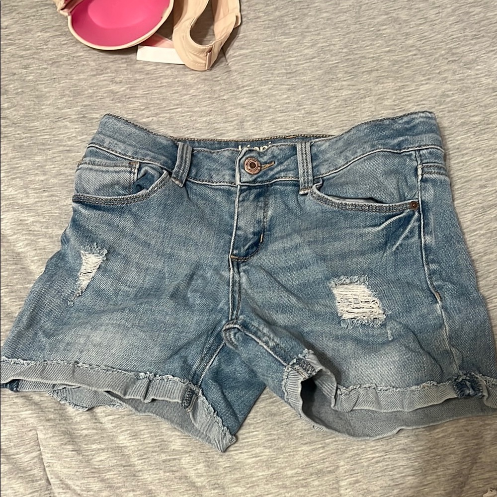 Blue Distressed Denim Shorts with Cuffed Hem